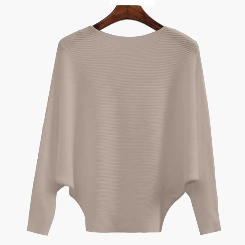 CozyWave – Women’s Boat Neck Bat Sleeve Knitted Sweater – Khaki / One Size
