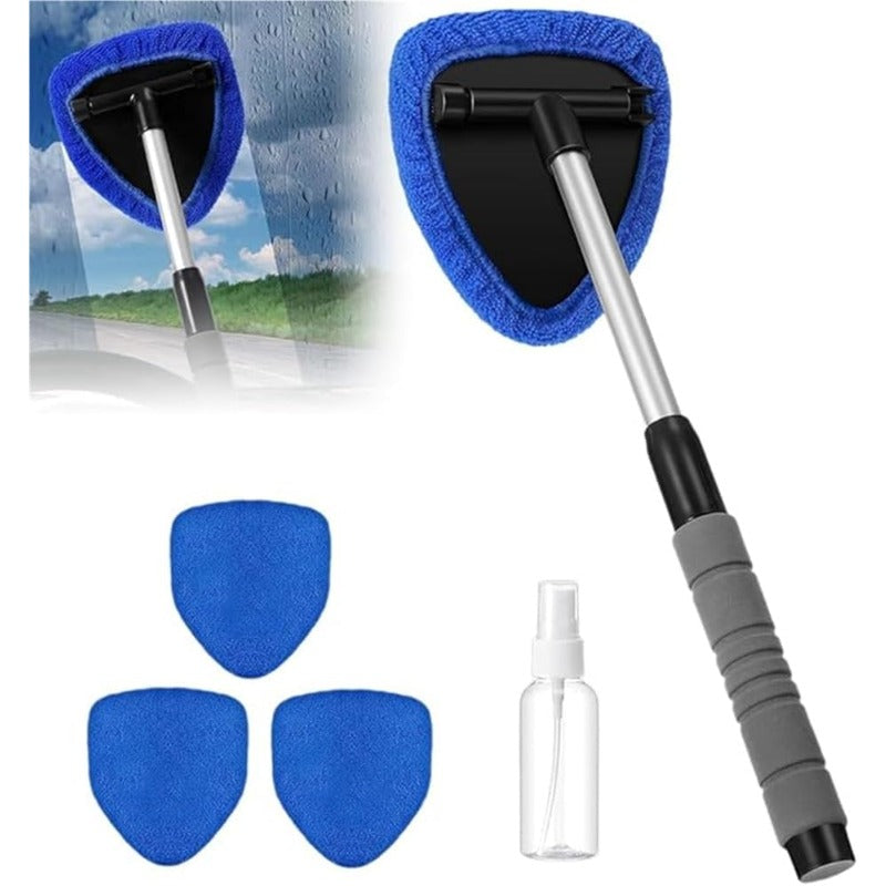 ClearSpin – Rotating Microfiber Window Cleaner – Blue / 1 × Glass Defogger Brush + 3 × Replacement Cloth Covers + 1 × 100ml Spray Bottle