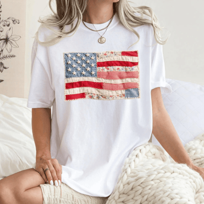 RedWhiteRebel – Retro American Flag Patchwork Tee – White / S