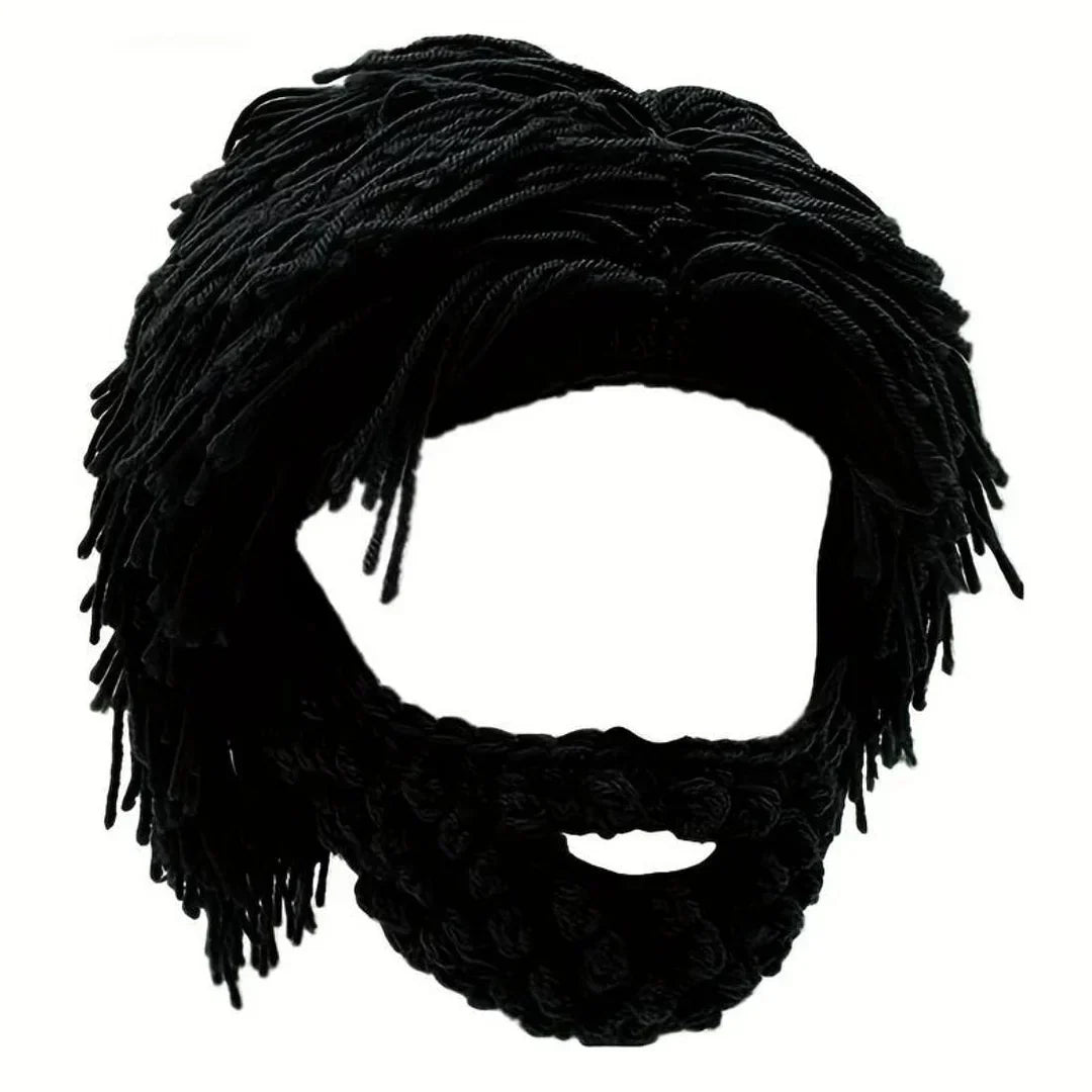 Acrylic Punk Style Beanie with Attached Straight Hair Wig and Knitted Beard – Black