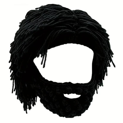 Acrylic Punk Style Beanie with Attached Straight Hair Wig and Knitted Beard – Black