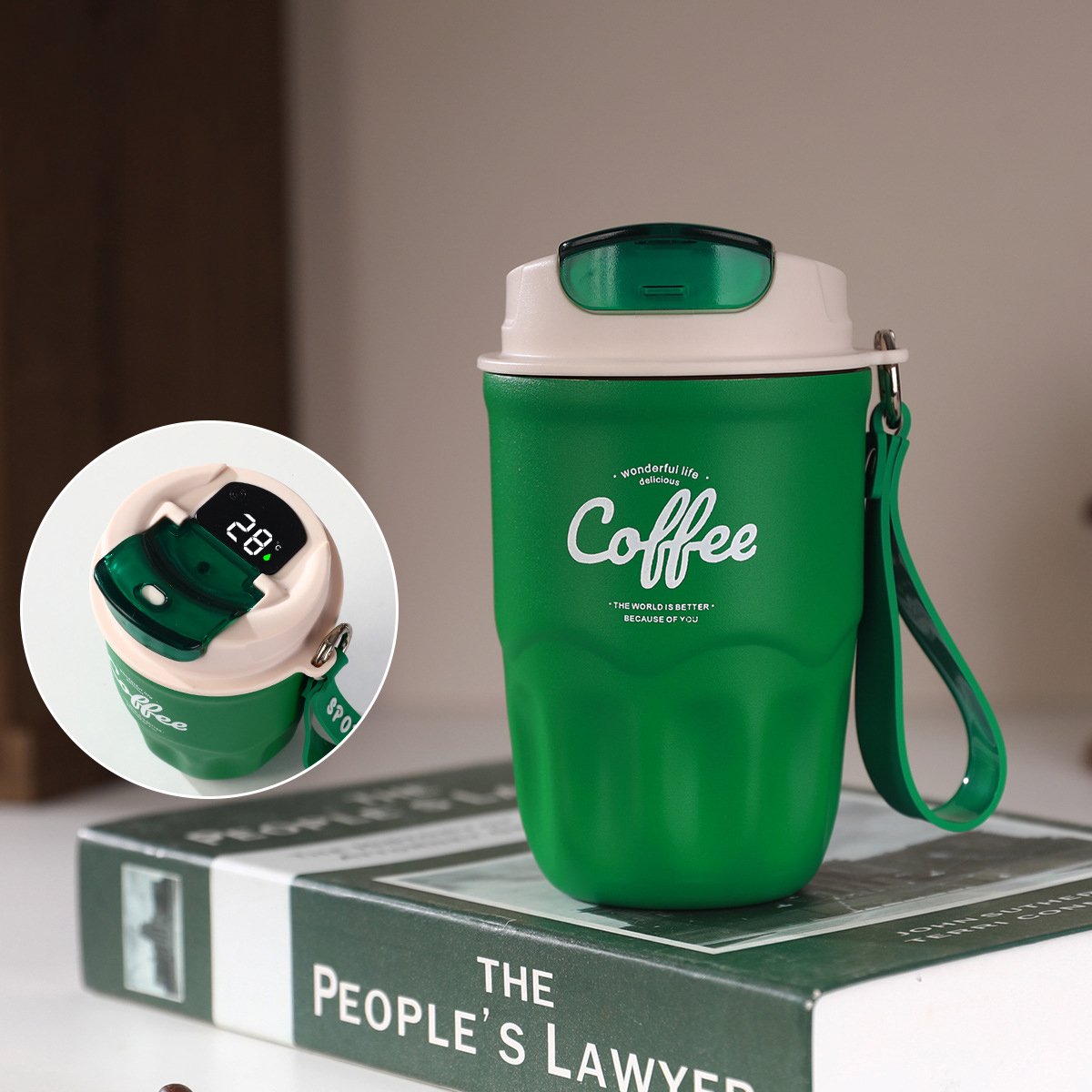 SipGuard – Portable Temperature Lock Coffee Flask – Green / Smart temperature display