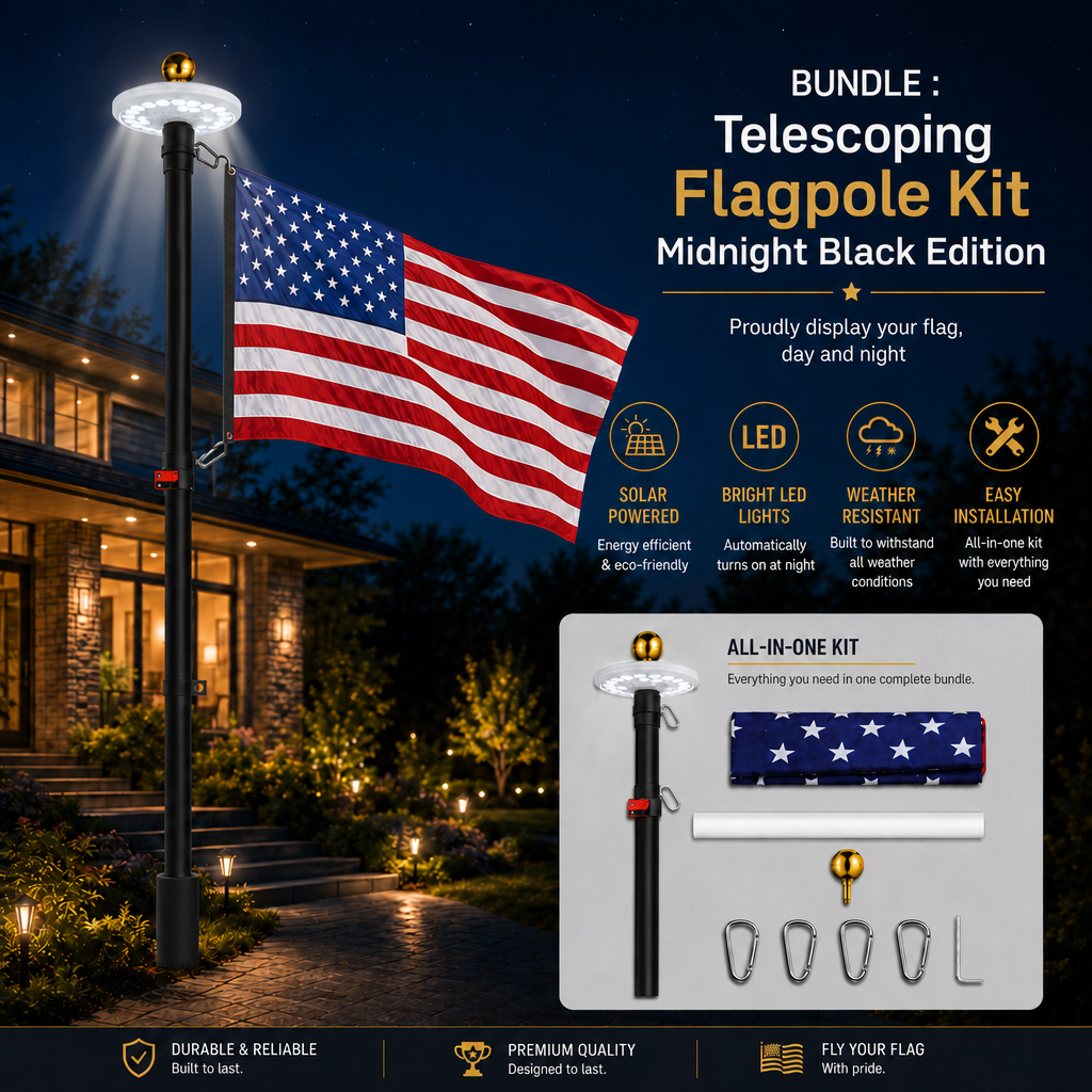 SolarGlory – Telescopic Flagpole with LED Light – 20FT / Midnight Black Edition