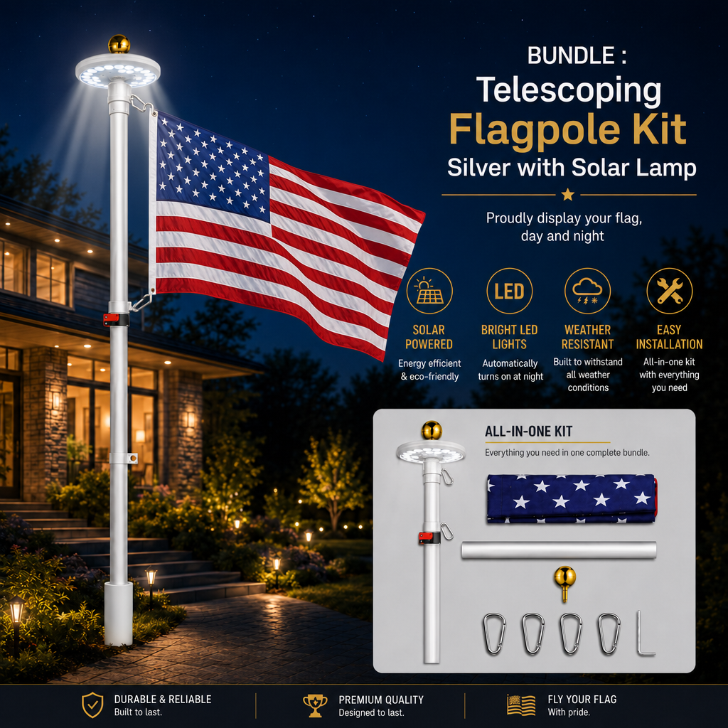 SolarGlory – Telescopic Flagpole with LED Light – 20FT / Silver Edition