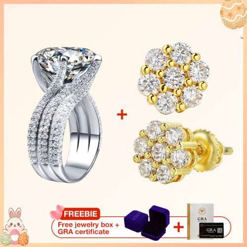RomaBrilliance – Elegant 5 Carat Moissanite Ring – 5 carat moissanite ring + Flower Earring