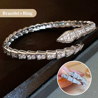 SerpentGlow – Zircon Snake Shaped Open Cuff Bracelet – Silver bracelet + Silver ring
