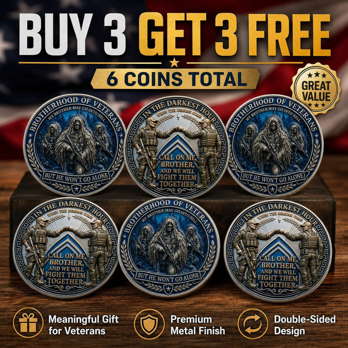 BattleBond – Veteran Loyalty Challenge Coin – Buy 3 GET 3 FREE - 6 Coins【FREE SHIPPING】