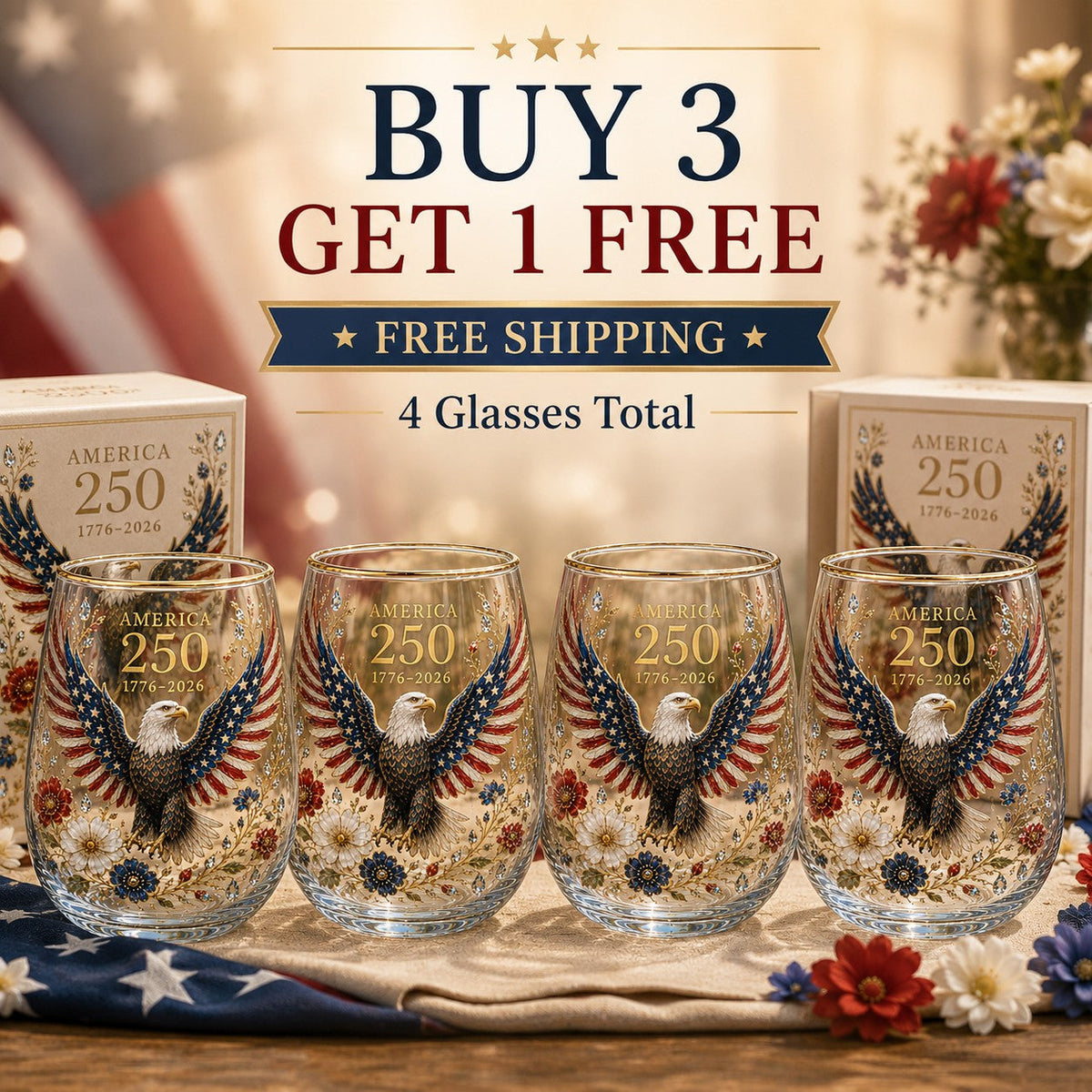 ValorSpirit – America 250 Commemorative Glass Tumbler – 【FREE SHIPPING】Buy 3 GET 1 FREE - 4 Glasses