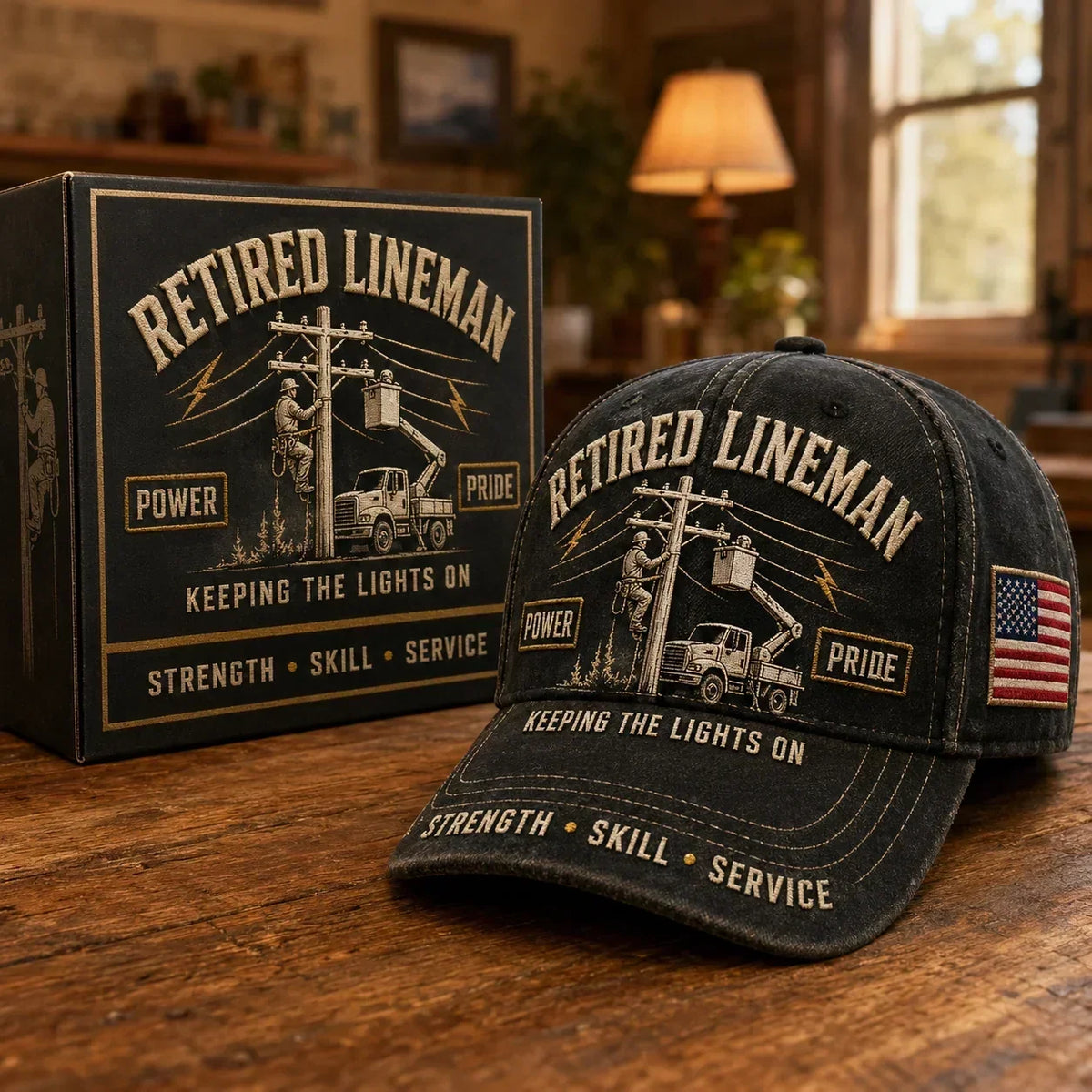 PowerGuard – Retired Lineman Commemorative Cap – Black / Adjustable (One Size Fits Most - 21 5/8" – 24 1/8")