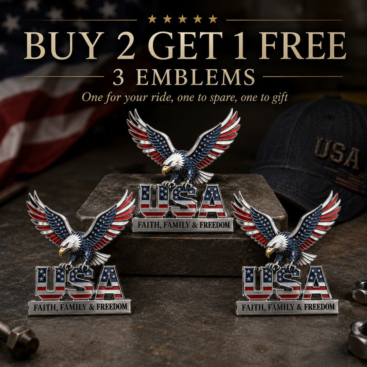 HonorWing – Patriotic USA Metal Emblem – BUY 2 GET 1 FREE -3 Emblems
