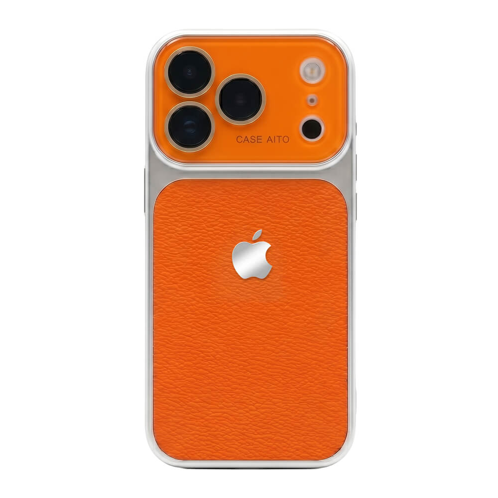 LuxeLens – Crystal Camera Lens Leather Phone Case – Orange / iPhone 17 Pro Max