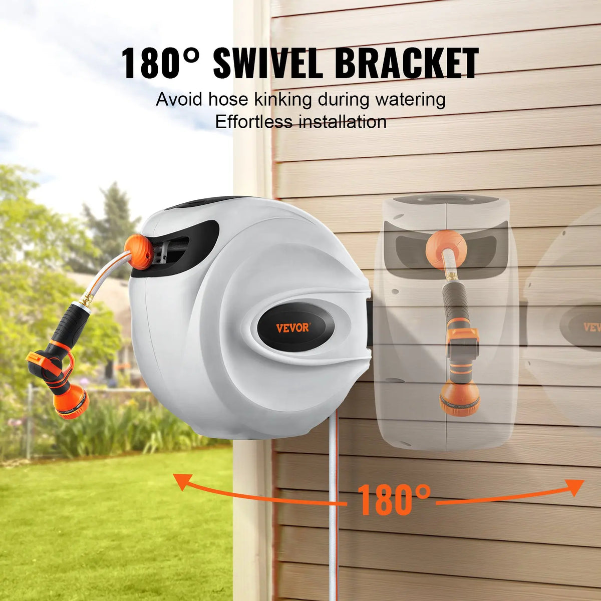 Retractable Garden Hose Reel with 9-Pattern Nozzle & 180° Swivel Bracket – image 2