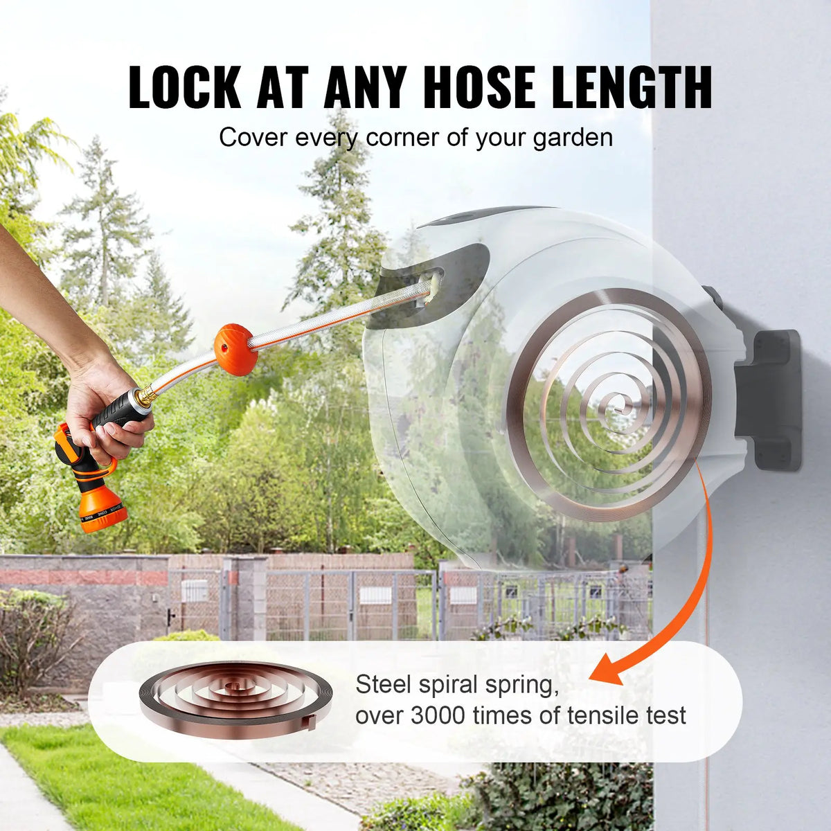 Retractable Garden Hose Reel with 9-Pattern Nozzle & 180° Swivel Bracket – image 4