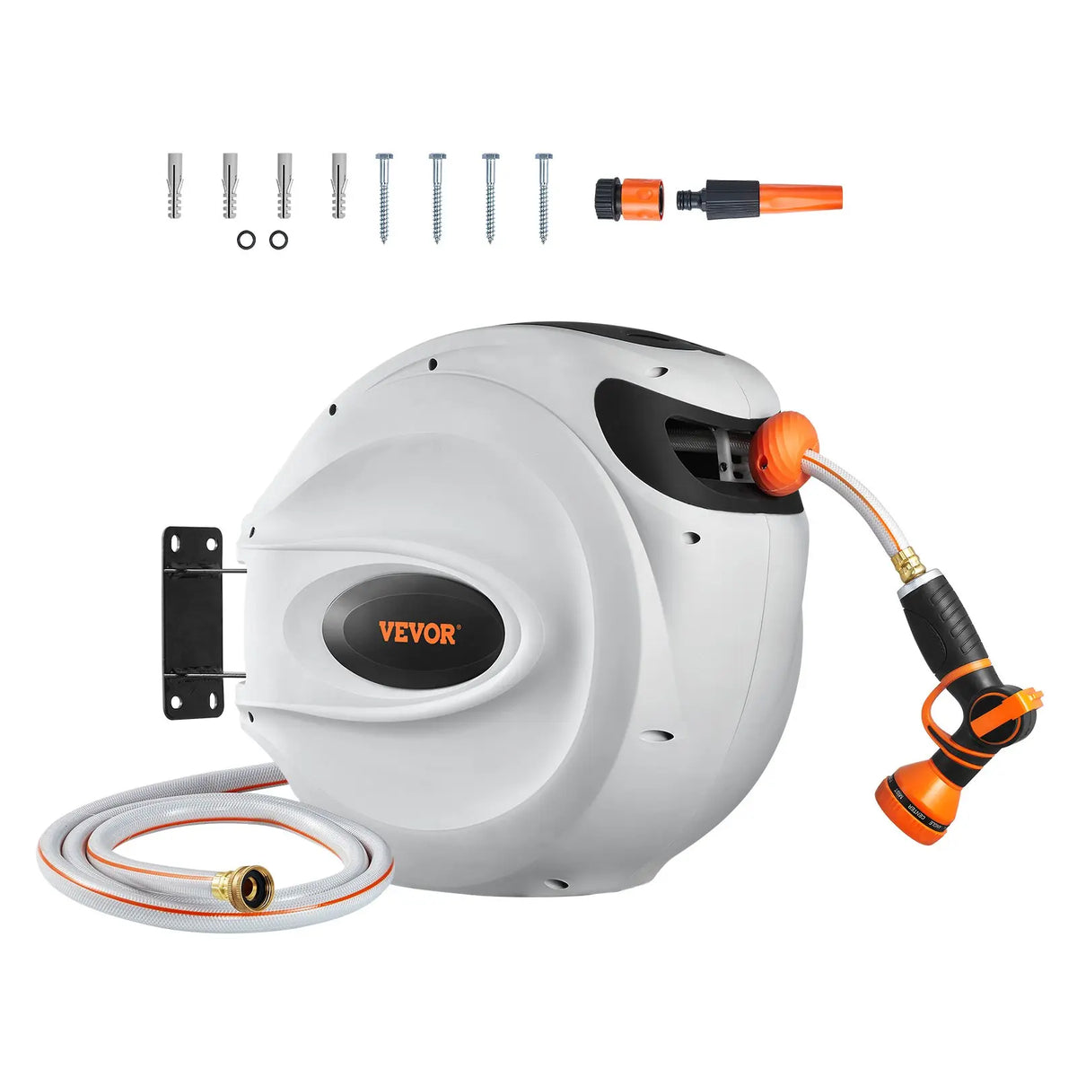 Retractable Garden Hose Reel with 9-Pattern Nozzle & 180° Swivel Bracket – 1/2 in x 50 ft