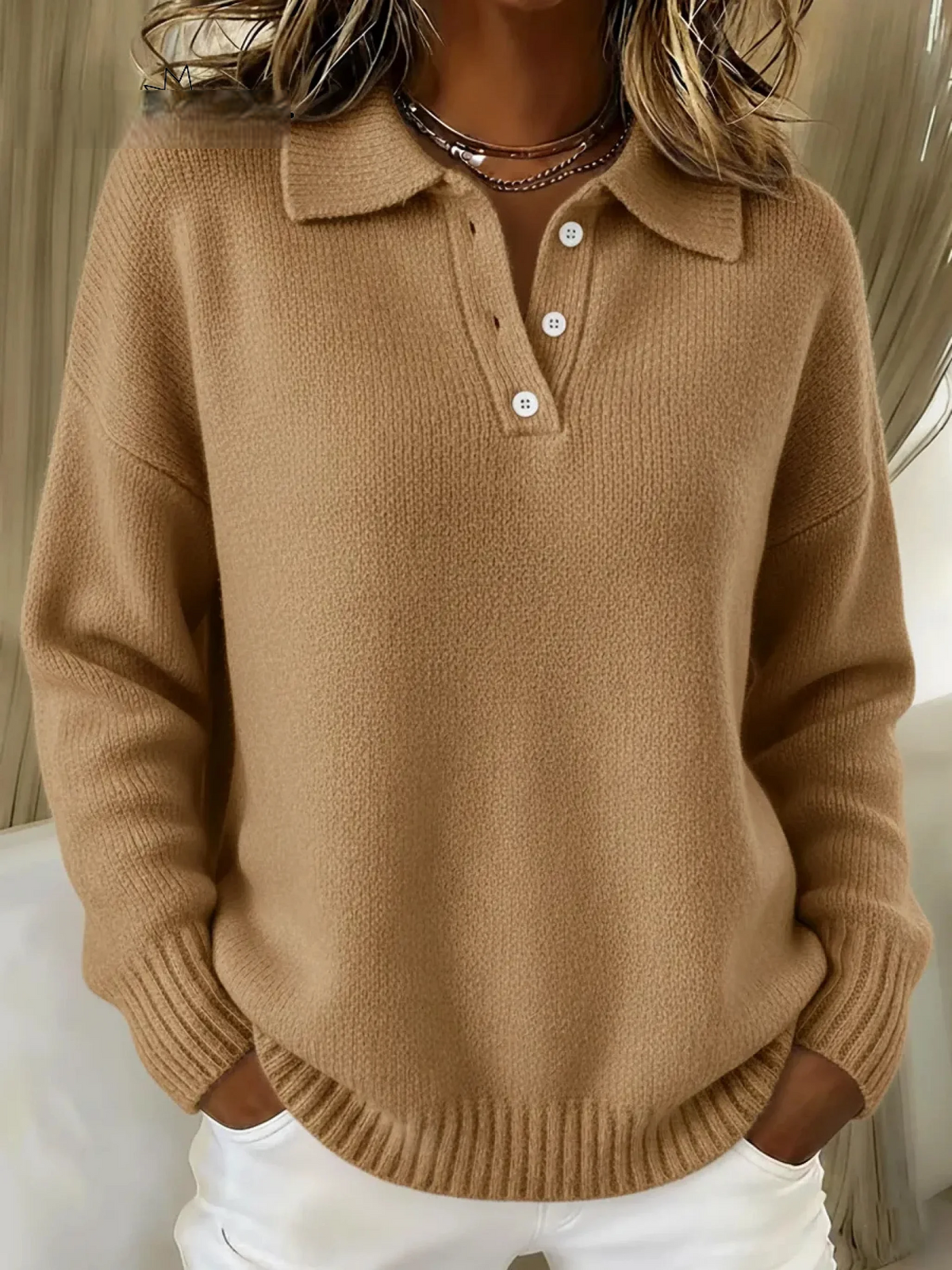 LunaTide – Classic Button Turtleneck Sweater – Camel / XS