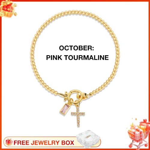 CelestiaFaith – Gold Cross Bracelet – October Pink Tourmaline Cross Bracelet