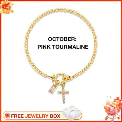 CelestiaFaith – Gold Cross Bracelet – October Pink Tourmaline Cross Bracelet