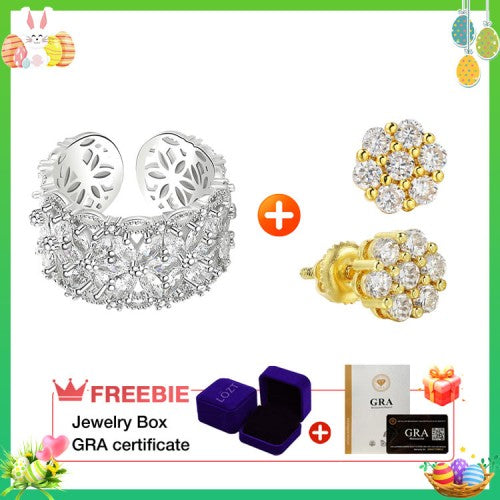 BloomVera – Certified Moissanite Flower Statement Ring – Moissanite Flower Ring + Gold Flower Earring(Save $5)
