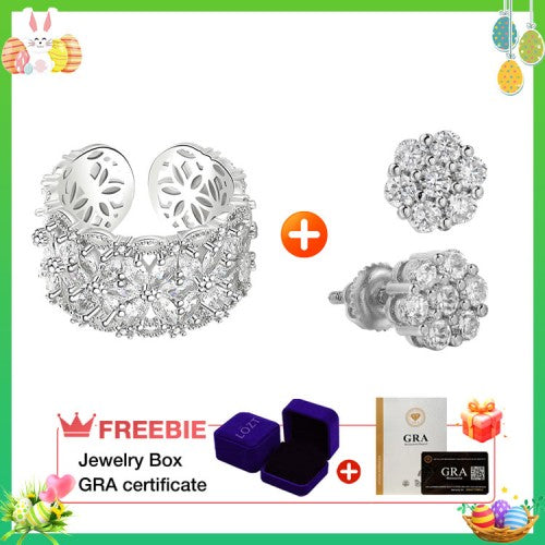 BloomVera – Certified Moissanite Flower Statement Ring – Moissanite Flower Ring + Silver Flower Earring(Save $5)