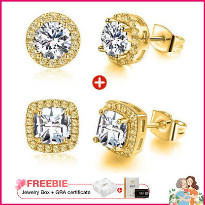 LustreCube – Premium Moissanite Earrings – Gold 2 pairs (Square + Circle)