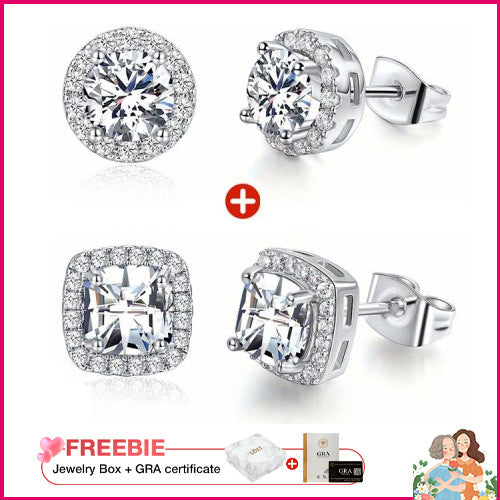 LustreCube – Premium Moissanite Earrings – Silver 2 pairs (Square + Circle)