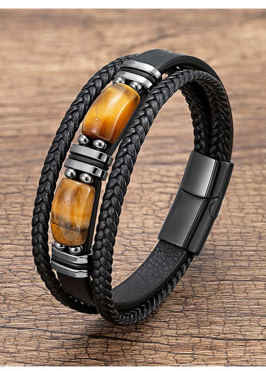 StoneForge – Braided Tiger Eye Leather Bracelet – Silver