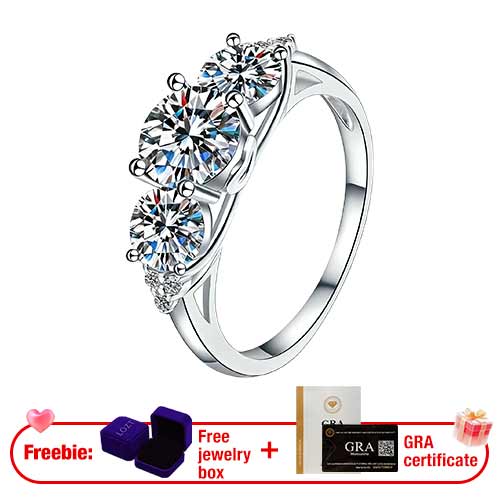 AuraTrio – Three Stone Diamond Look Ring – Three-Stone Double claws Moissanite Ring 1pc