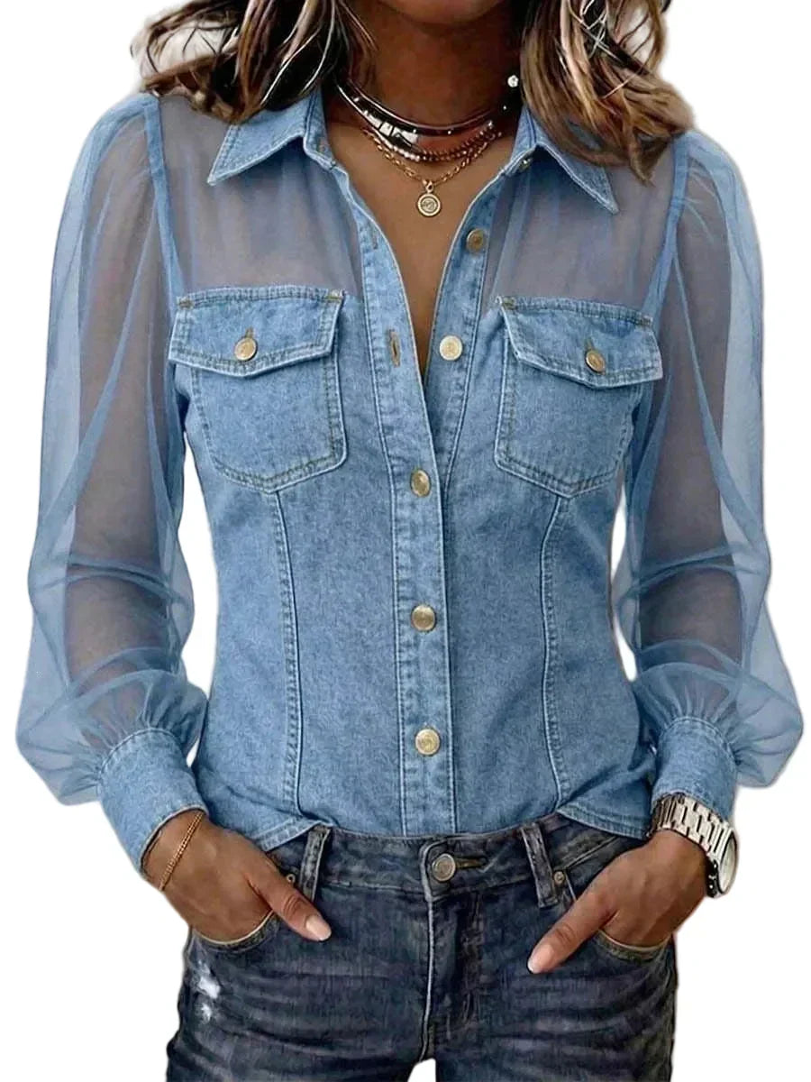 LuxeCharm – Premium Casual Chic Denim Blouse – Light blue / S