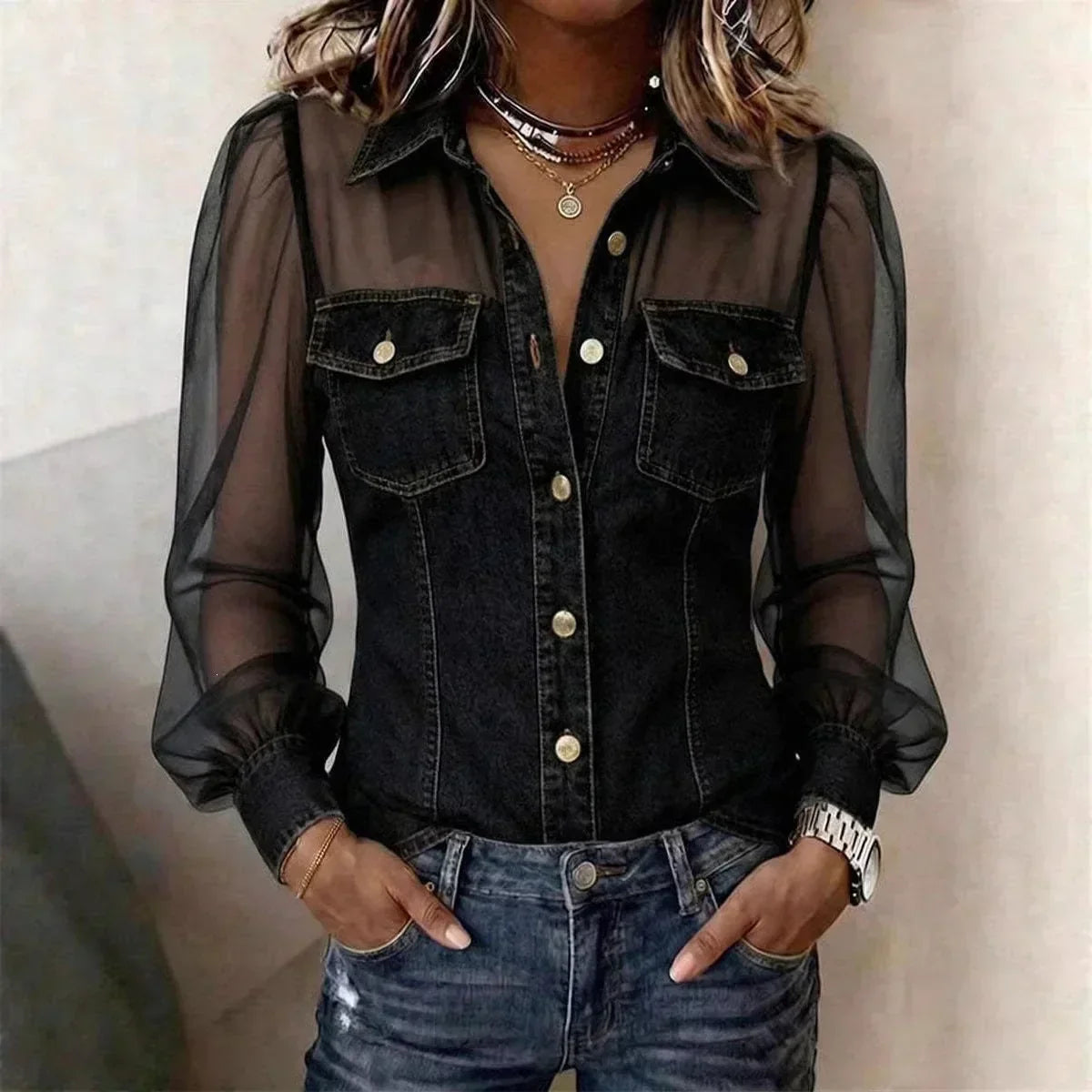 LuxeCharm – Premium Casual Chic Denim Blouse – Black / S