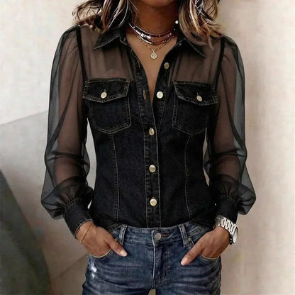 LuxeCharm – Premium Casual Chic Denim Blouse – Black / S