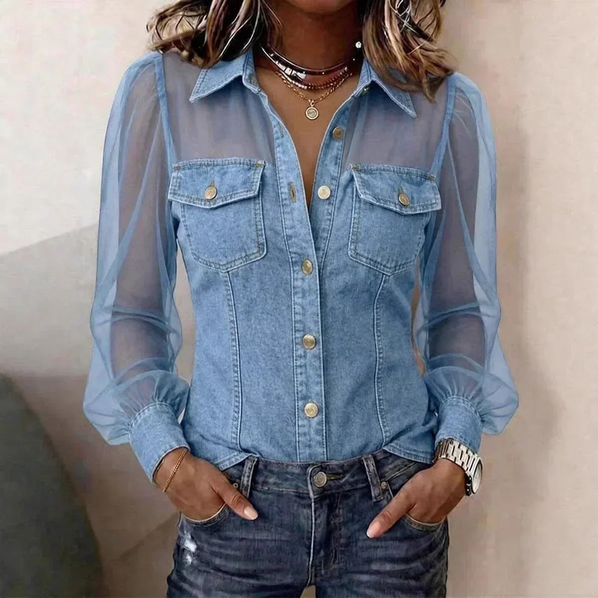 LuxeCharm – Premium Casual Chic Denim Blouse – image 4