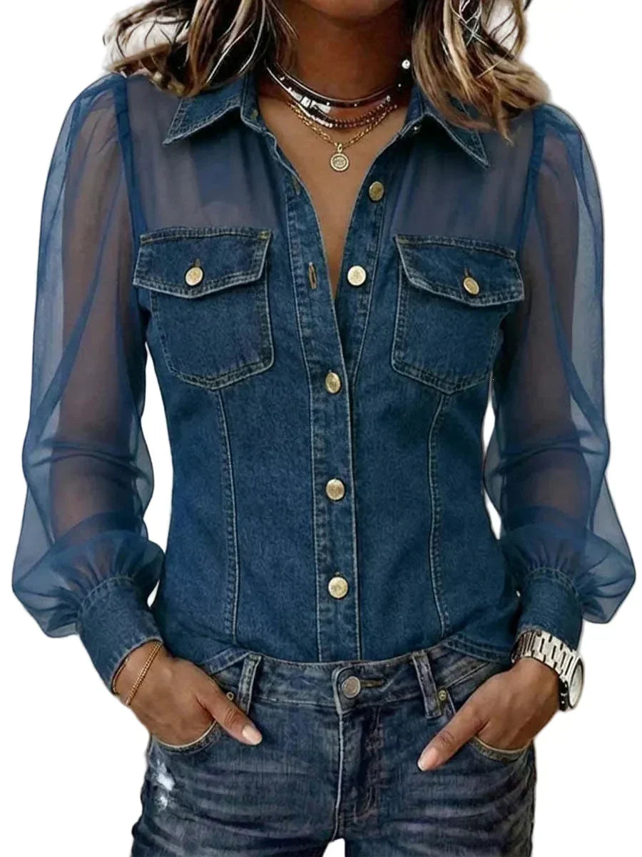 LuxeCharm – Premium Casual Chic Denim Blouse – Dark blue / S