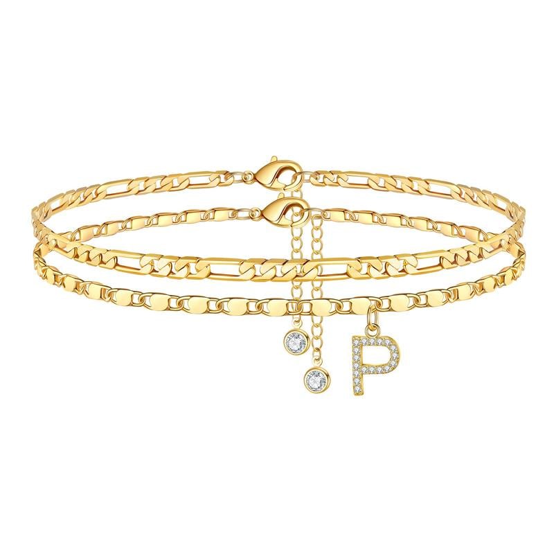 ShineScript – Layered Anklet Bracelets with Letters – Gold / P