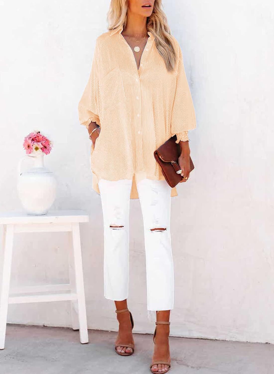 2026 ItemWomen's pleated cuffs striped shirt with pockets and casual collar – image 35