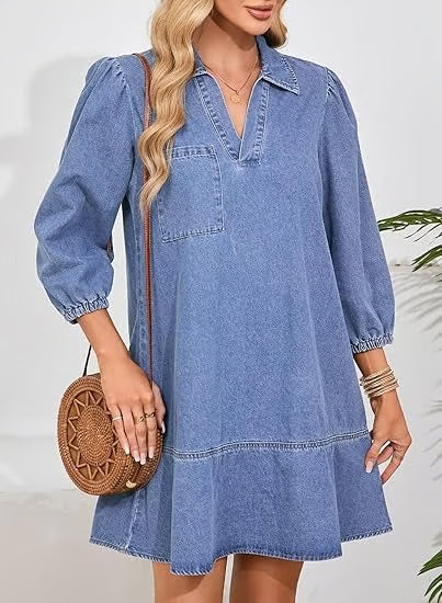 Deniva | Elegant V-Neck Denim Dress – Sky Wash / XS