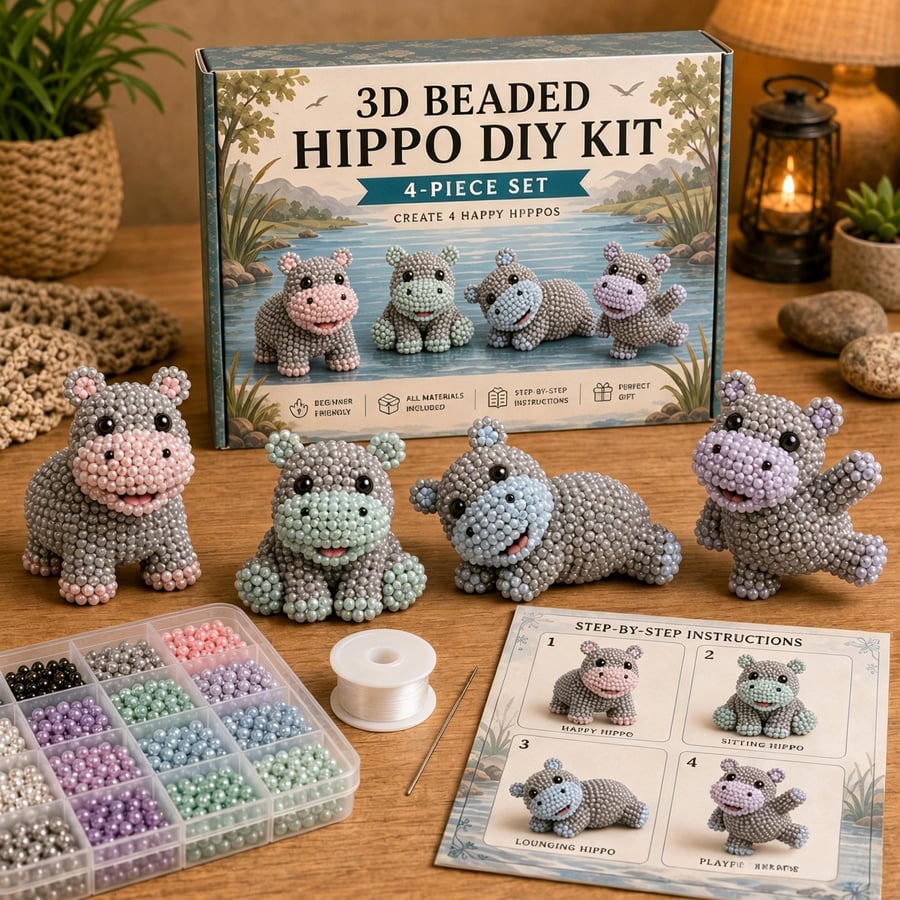 BeadCraft Mini – Tiny 3D Beaded Animal DIY Kit – Hippo