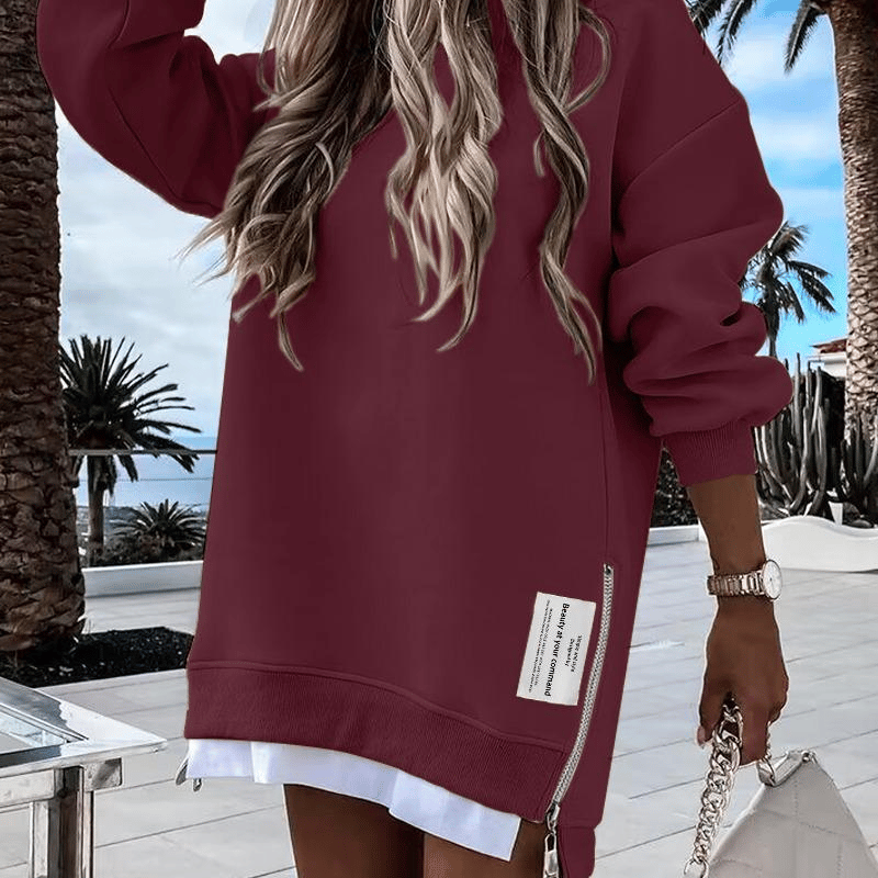 AuraWear – Comfortable Long Sleeve Pullover Casual Dress – Wine Red / S
