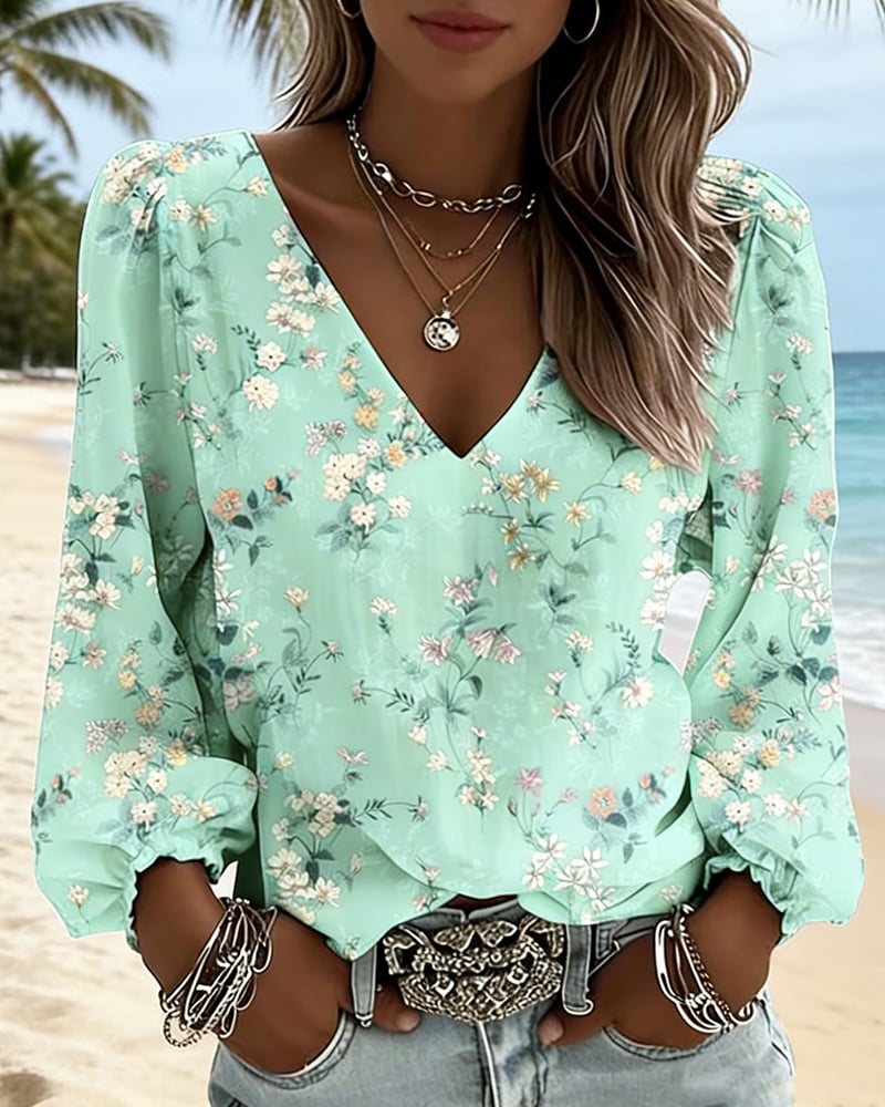 LunaPuff Chic – V-Neck Casual Blouse – Green / US4(S)
