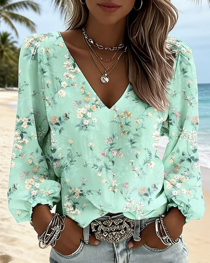 LunaPuff Chic – V-Neck Casual Blouse – Green / US4(S)