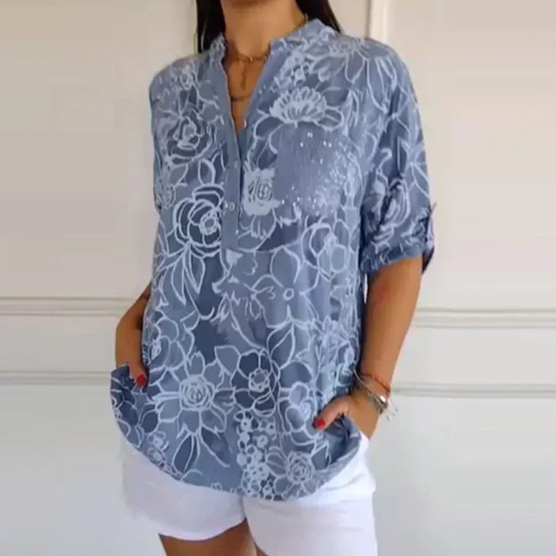 PrintLuxe – V-Neck Button-Down Printed Blouse – Blue / S