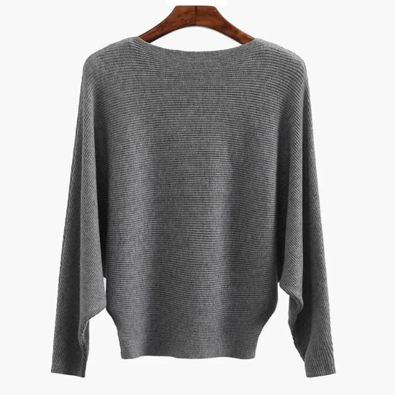 CozyWave – Women’s Boat Neck Bat Sleeve Knitted Sweater – Grey / One Size