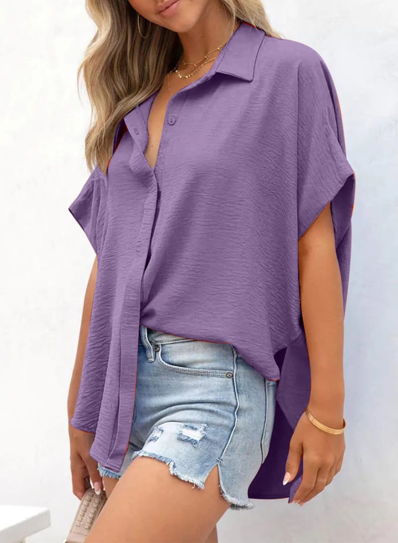LunaWear – Casual Button Slit Hem Women’s Top – Purple / S