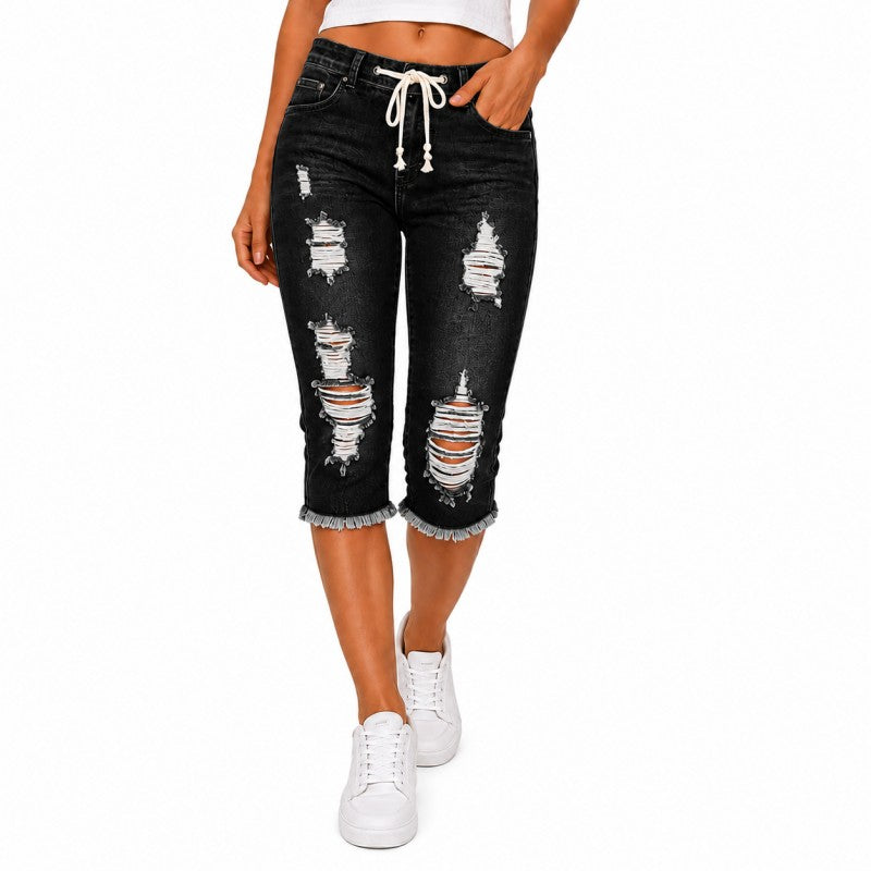 DenimBloom – High Waist Cropped Denim Jeans – Black / XS