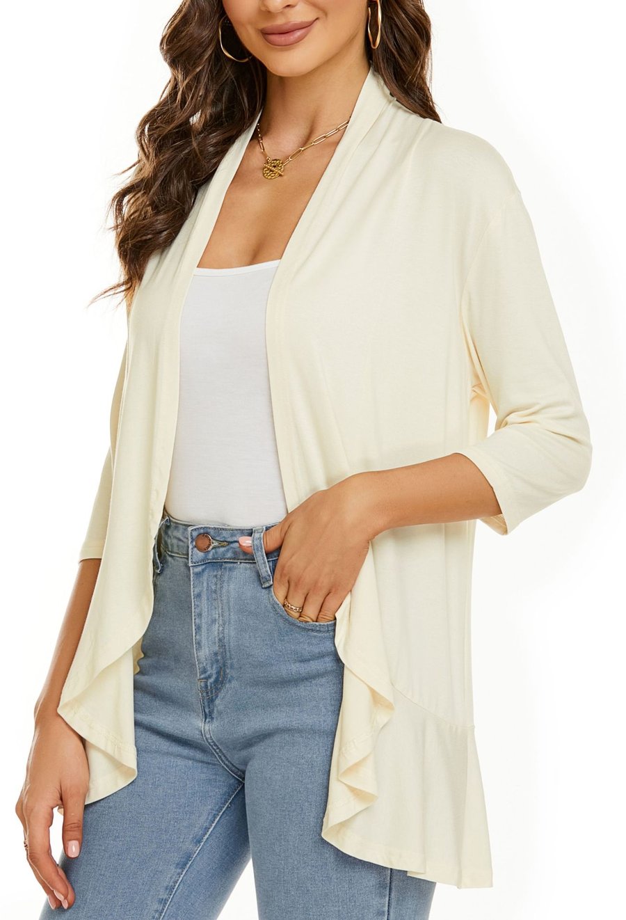 SoftDrape – Lightweight Open Front Cardigan – cream / S（US 4-6）