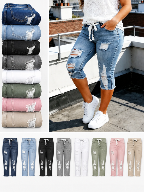 DenimBloom – High Waist Cropped Denim Jeans – 8-PACK JEANS (All colors) / XS