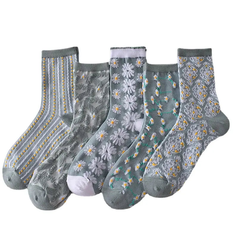 LumeFlora – Soft Cotton Embroidered Flower Socks – Light Blue