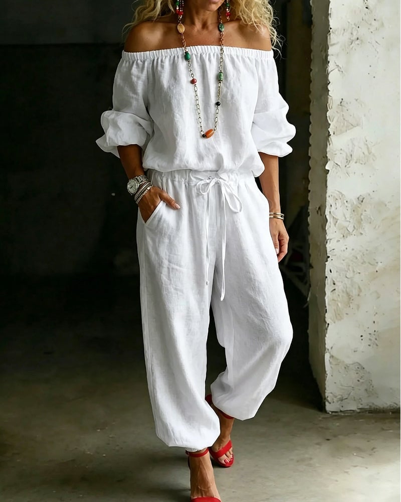 LuxeSilhouette – Off-Shoulder Tie Waist Jumpsuit – White / S