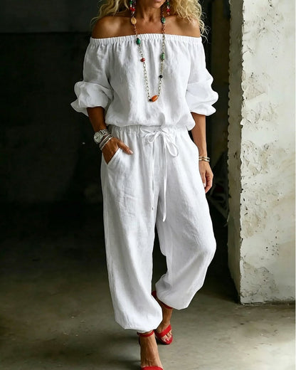 LuxeSilhouette – Off-Shoulder Tie Waist Jumpsuit – White / S