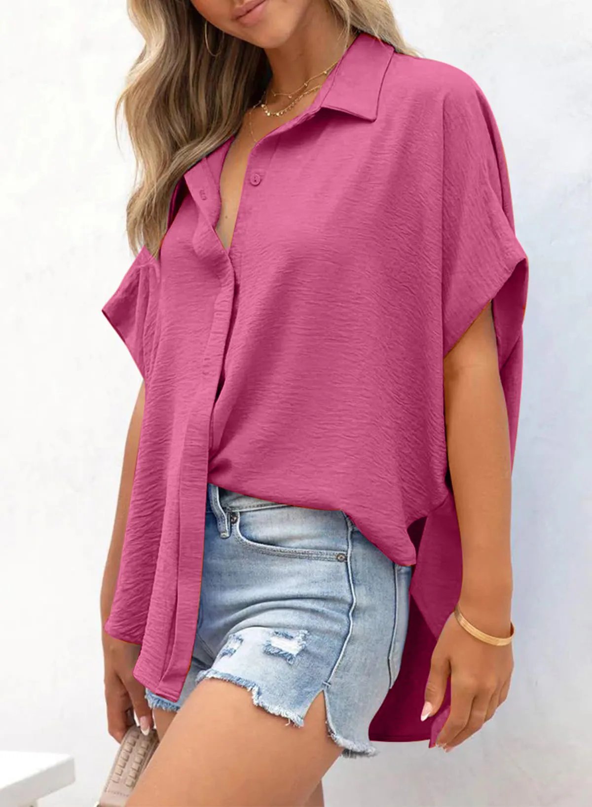 LunaWear – Casual Button Slit Hem Women’s Top – Rose red / S