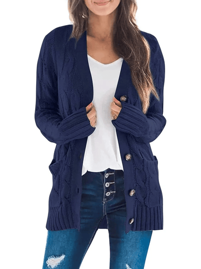 Velora – Chic Button Down Cardigan – Navy Blue / S(4-6）